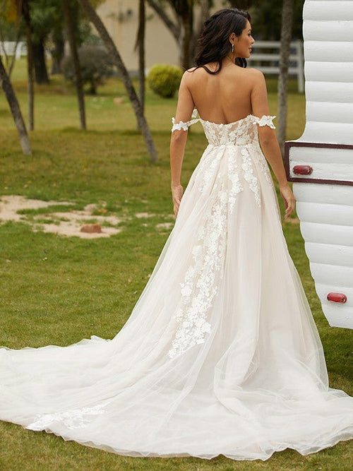 A-Line/Princess Applique Off-the-Shoulder Sleeveless Chapel Train Wedding Dresses