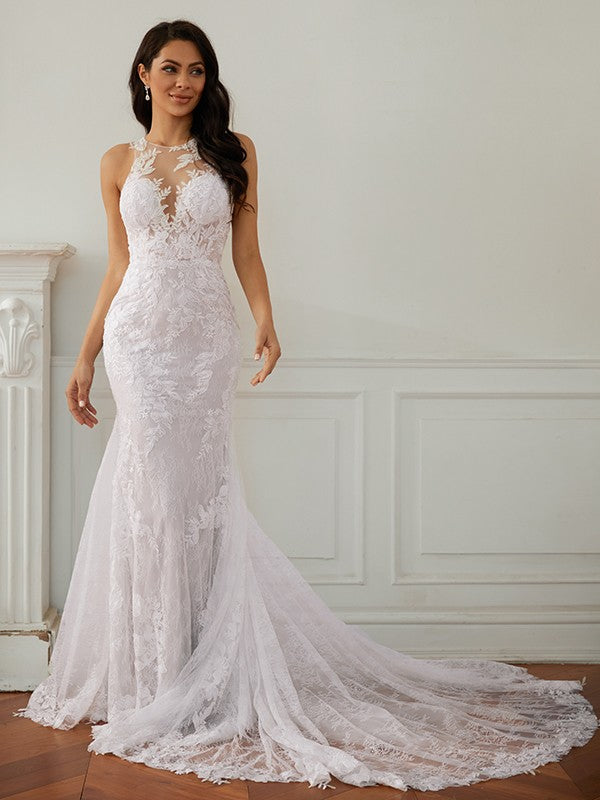 Sheath/Column Scoop Sleeveless Court Train Wedding Dresses
