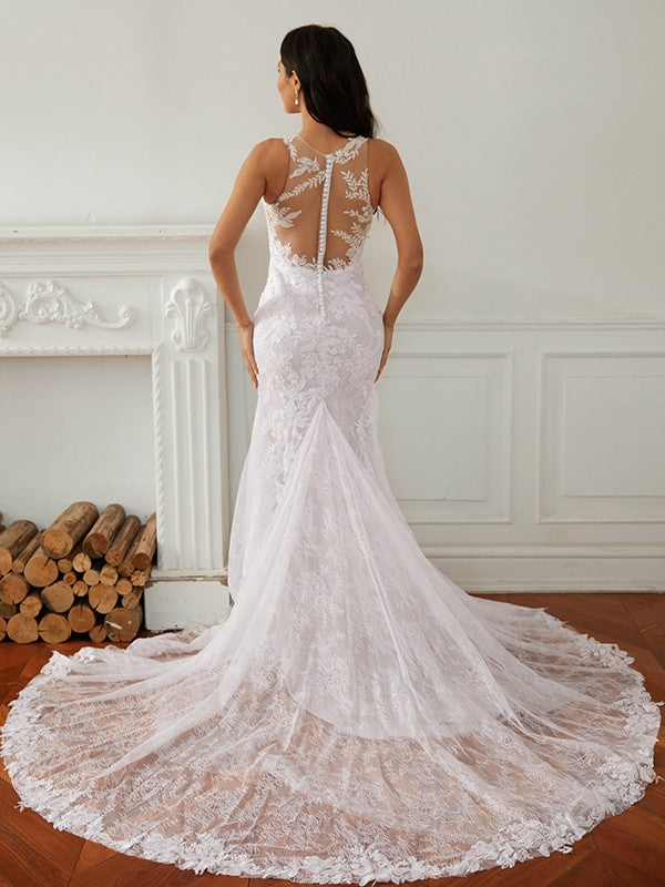 Sheath/Column Scoop Sleeveless Court Train Wedding Dresses
