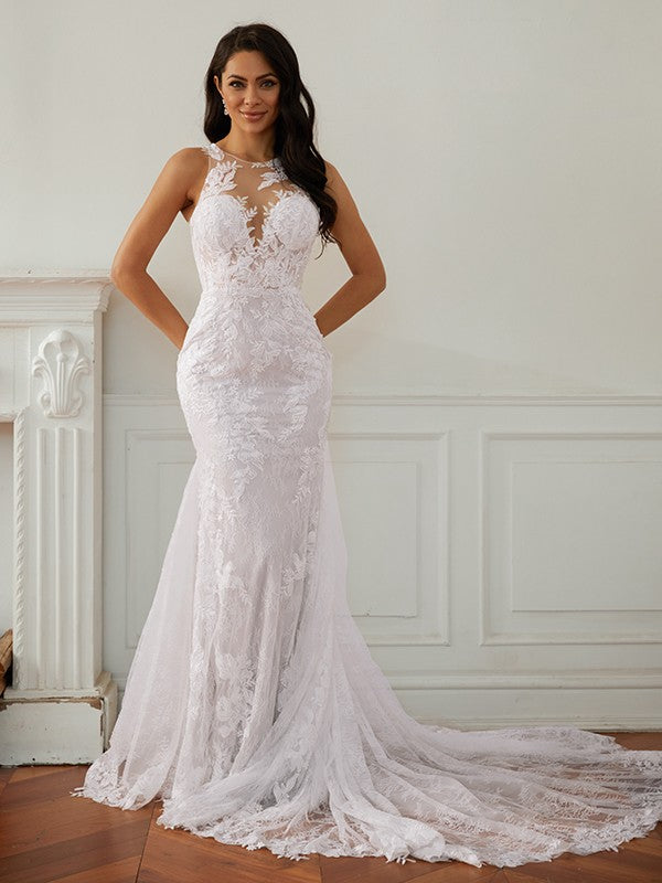 Sheath/Column Scoop Sleeveless Court Train Wedding Dresses