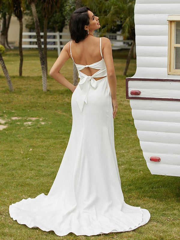 Sheath/Column Ruched Spaghetti Straps Sleeveless Sweep/Brush Train Wedding Dresses
