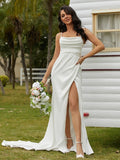 Sheath/Column Ruched Spaghetti Straps Sleeveless Sweep/Brush Train Wedding Dresses