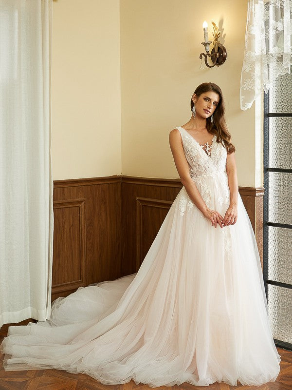 A-Line/Princess Applique V-neck Sleeveless Cathedral Train Wedding Dresses