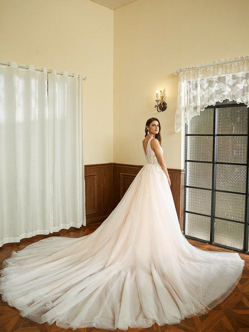 A-Line/Princess Applique V-neck Sleeveless Cathedral Train Wedding Dresses