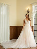 A-Line/Princess Applique V-neck Sleeveless Cathedral Train Wedding Dresses