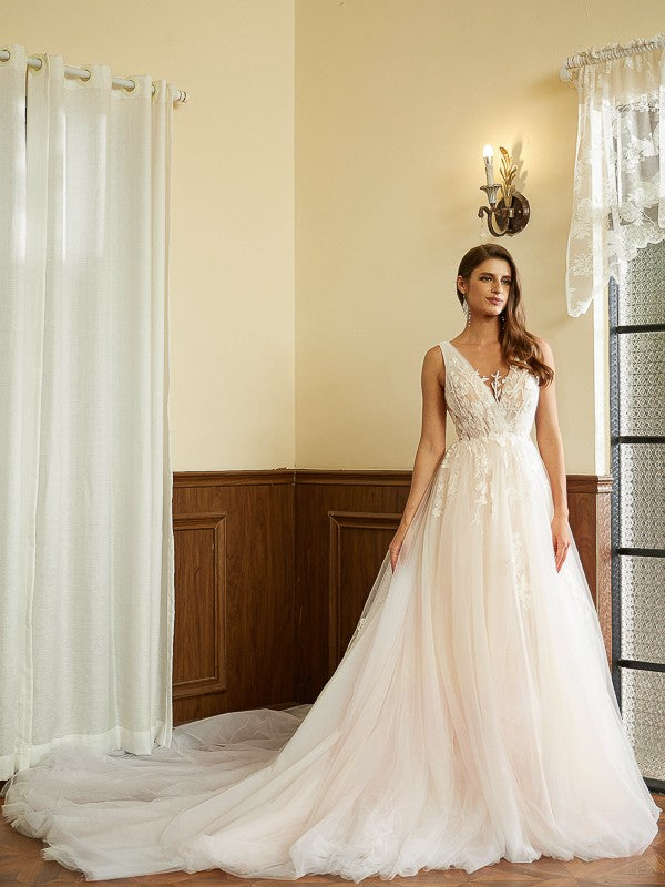A-Line/Princess Applique V-neck Sleeveless Cathedral Train Wedding Dresses