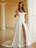 A-Line/Princess Ruched Off-the-Shoulder Sleeveless Chapel Train Wedding Dresses