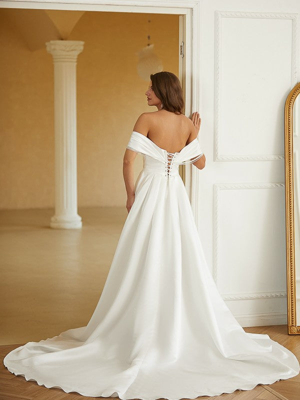 A-Line/Princess Ruched Off-the-Shoulder Sleeveless Chapel Train Wedding Dresses