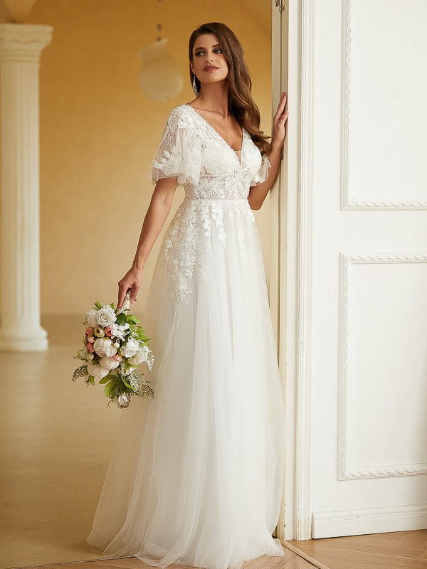 A-Line/Princess V-neck Short Sleeves Floor-Length Wedding Dresses