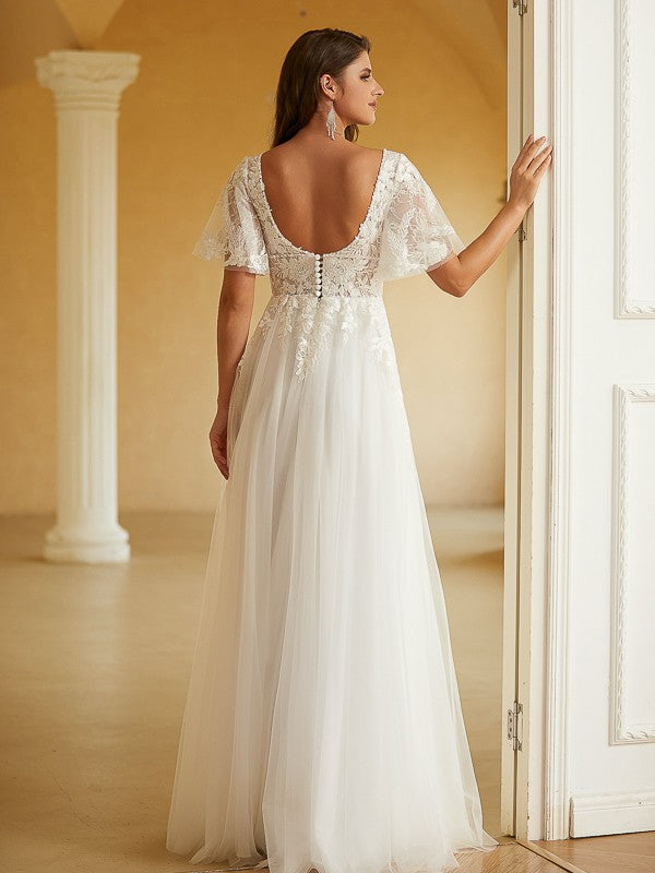A-Line/Princess V-neck Short Sleeves Floor-Length Wedding Dresses