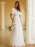 A-Line/Princess V-neck Short Sleeves Floor-Length Wedding Dresses