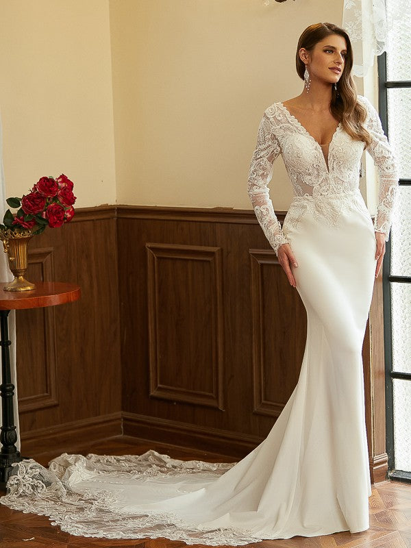 Sheath/Column V-neck Long Sleeves Cathedral Train Wedding Dresses