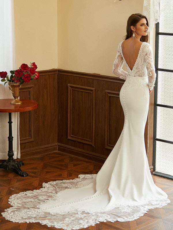 Sheath/Column V-neck Long Sleeves Cathedral Train Wedding Dresses