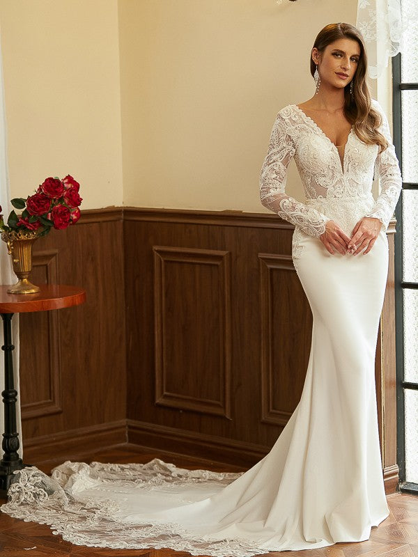 Sheath/Column V-neck Long Sleeves Cathedral Train Wedding Dresses