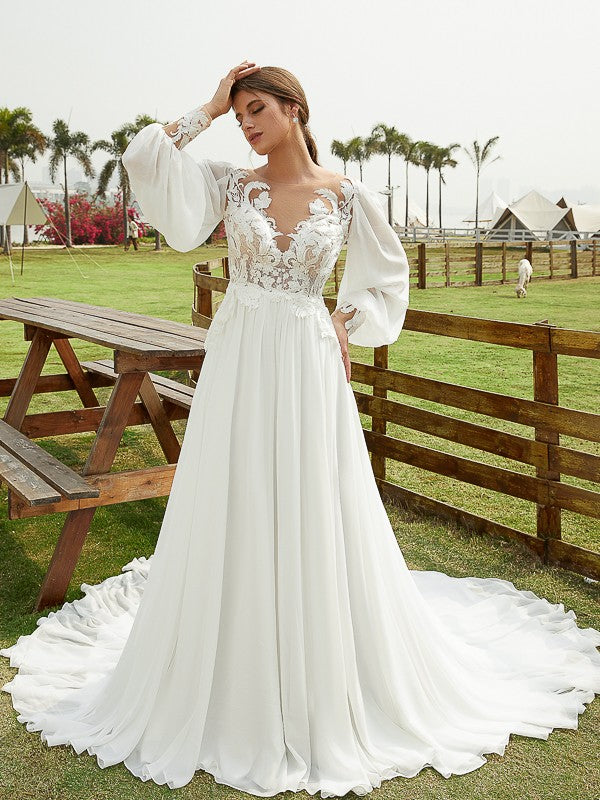 A-Line/Princess Applique Scoop Long Sleeves Chapel Train Wedding Dresses