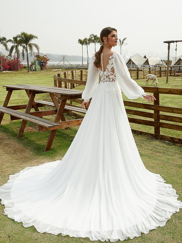 A-Line/Princess Applique Scoop Long Sleeves Chapel Train Wedding Dresses