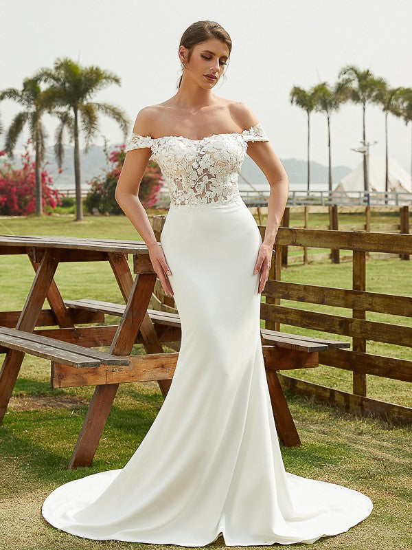 Sheath/Column Off-the-Shoulder Sleeveless Court Train Wedding Dresses