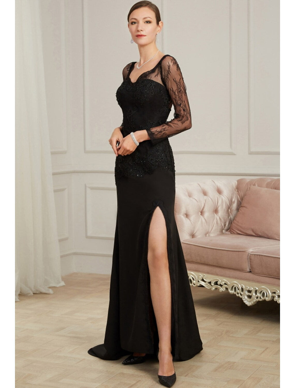 Evening Gown Sexy Dress Party Long Sleeve V Neck Beading Slit Appliques
