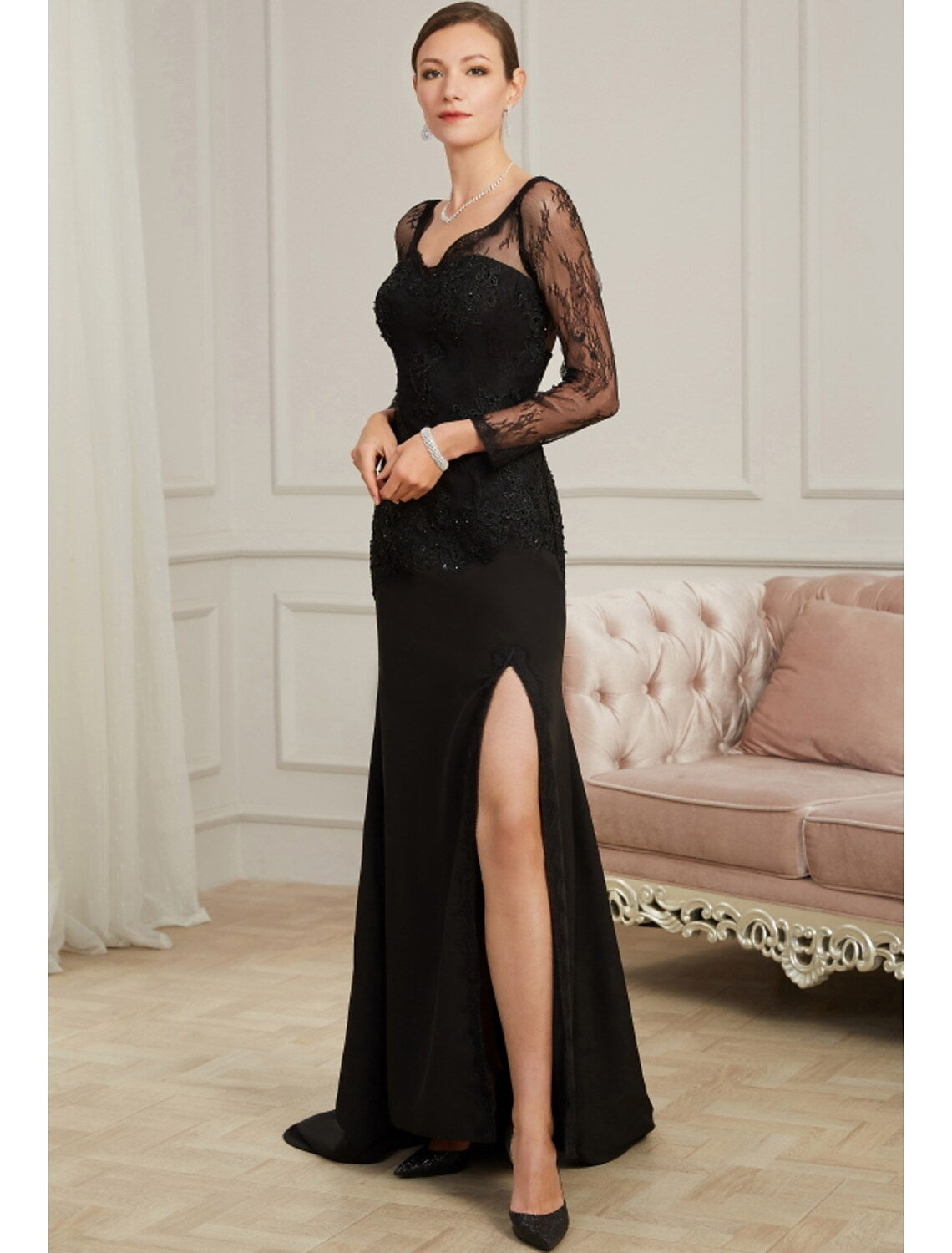 Evening Gown Sexy Dress Party Long Sleeve V Neck Beading Slit Appliques