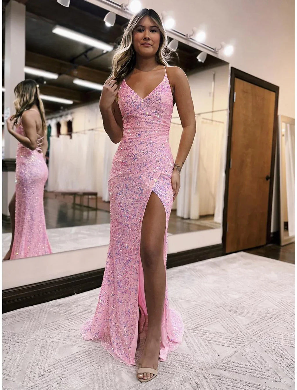 Mermaid / Trumpet Prom Dresses Sparkle & Shine Dress Formal Sweep / Brush Train Sleeveless V Neck Backless with Slit