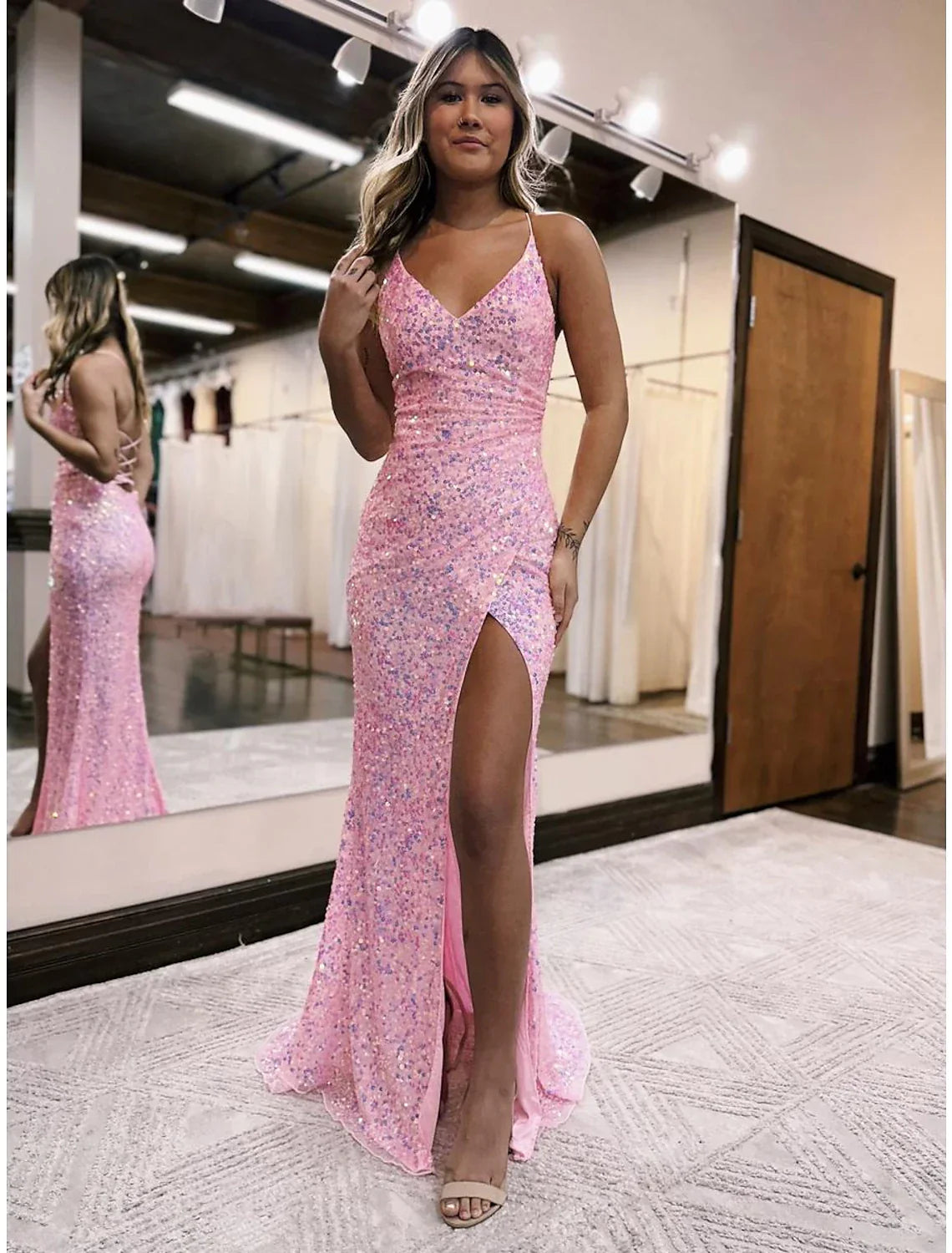 Mermaid / Trumpet Prom Dresses Sparkle & Shine Dress Formal Sweep / Brush Train Sleeveless V Neck Backless with Slit