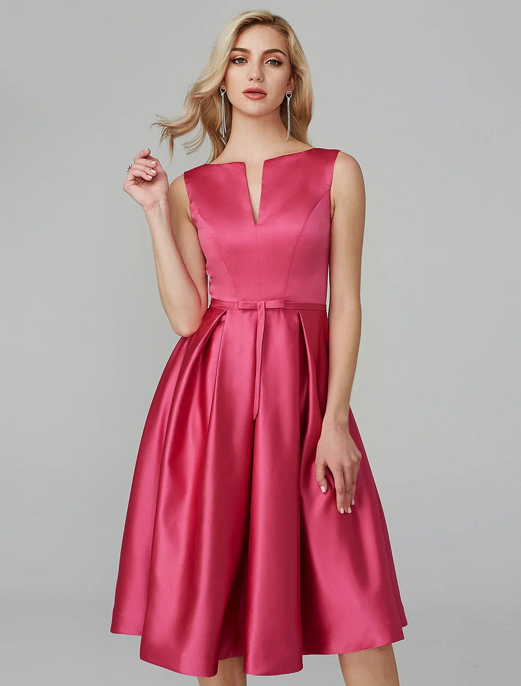 Pink Wedding Guest Knee Length Sleeveless V Wire Dress with Sash / Ribbon
