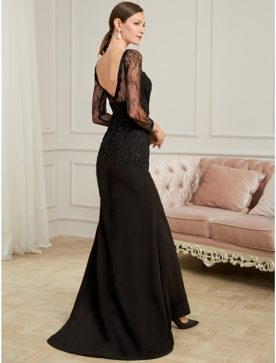 Evening Gown Sexy Dress Party Long Sleeve V Neck Beading Slit Appliques