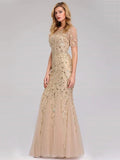 Party Wear Formal Evening Dress Short Sleeve Floor Length with Embroidery