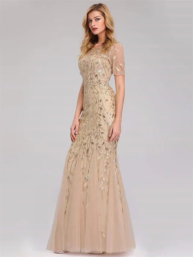 Party Wear Formal Evening Dress Short Sleeve Floor Length with Embroidery
