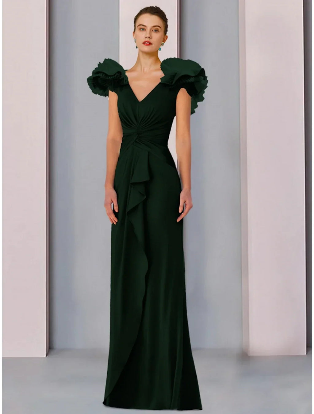 Mother of the Bride Dress Wedding Guest Elegant V Neck Floor Length Fabric Short Sleeve with Ruffles Ruching Solid Color