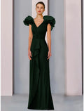 Mother of the Bride Dress Wedding Guest Elegant V Neck Floor Length Fabric Short Sleeve with Ruffles Ruching Solid Color