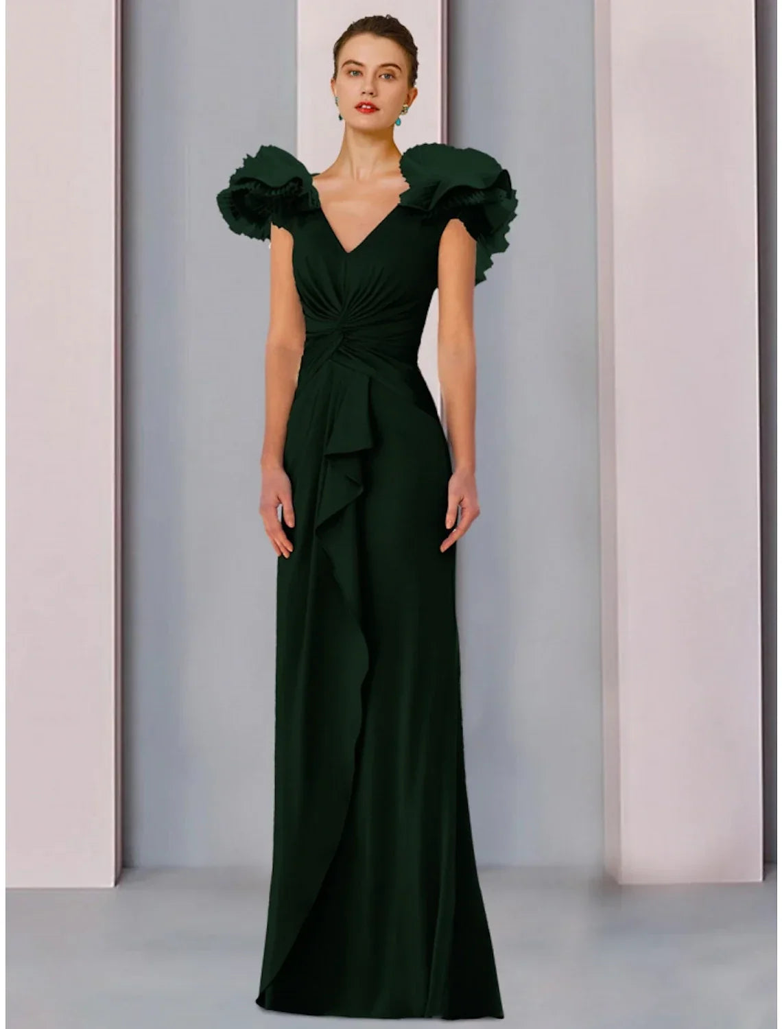 Mother of the Bride Dress Wedding Guest Elegant V Neck Floor Length Fabric Short Sleeve with Ruffles Ruching Solid Color