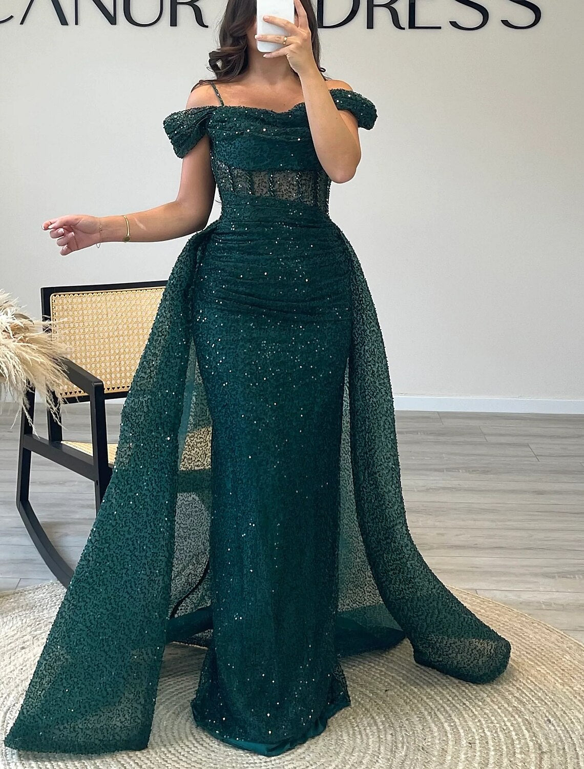 Sheath / Column Prom Dresses Elegant Dress Formal Prom Floor Length Short Sleeve Off Shoulder with Glitter Ruched