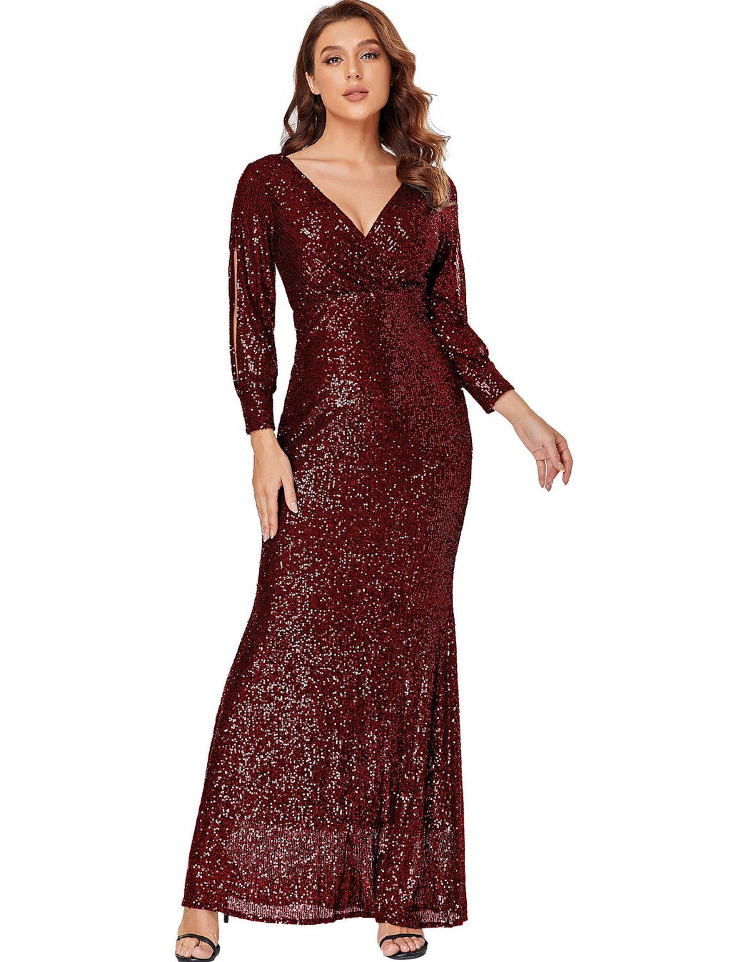 Sparkle Prom Formal Evening Dress V Neck Long Sleeve Floor Length with Cross
