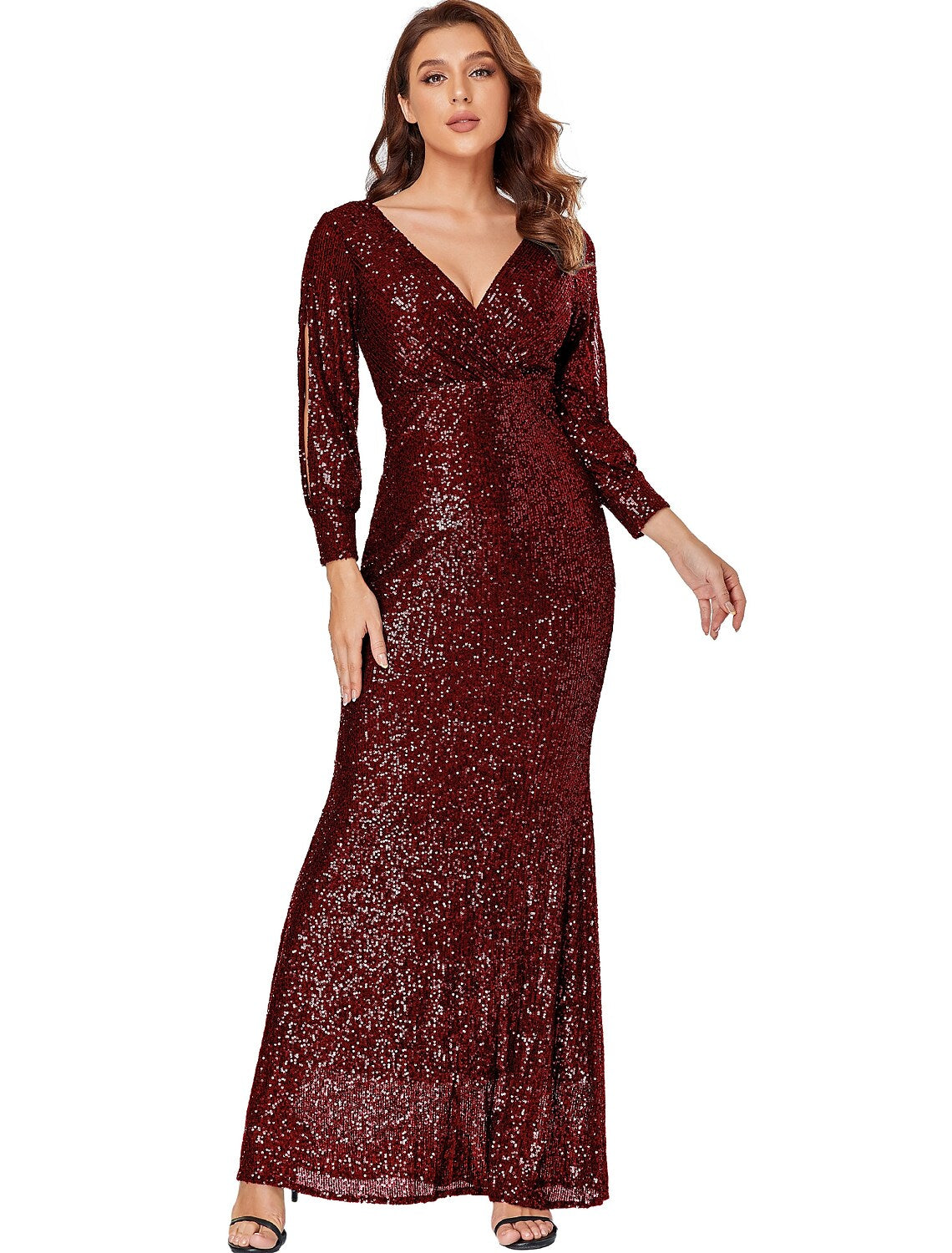 Sparkle Prom Formal Evening Dress V Neck Long Sleeve Floor Length with Cross
