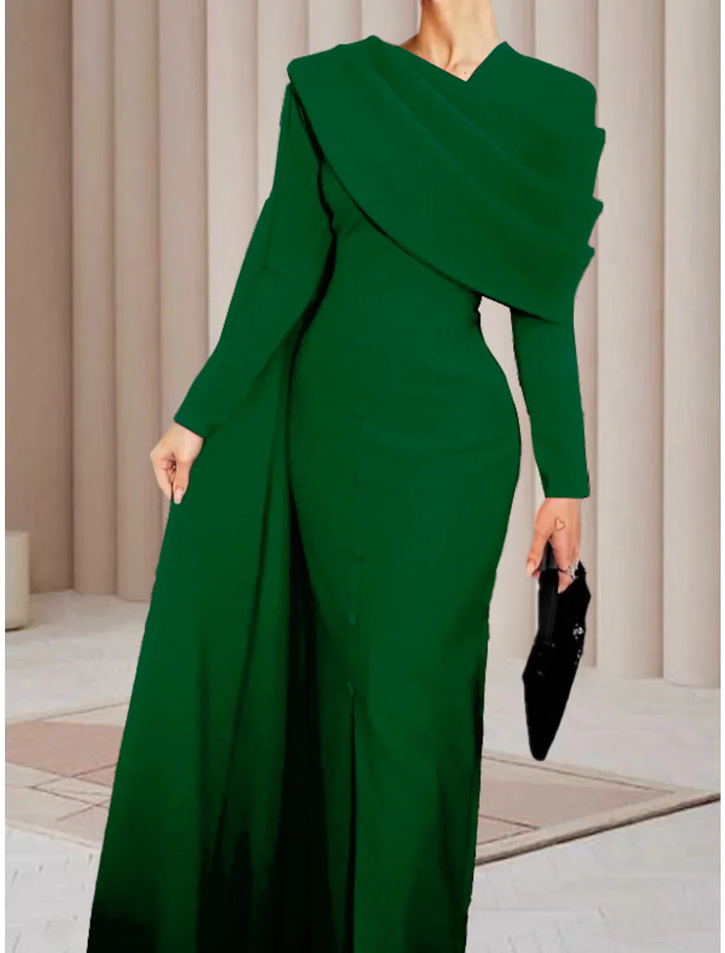 Black Sheath / Column Red Christmas Red Green Dress Evening Gown Elegant Cape Dress Formal Fall Sweep / Brush Train Long Sleeve Cowl Neck Fabric with Buttons