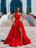 Sexy High Split Prom Formal Evening Dress One Shoulder Sleeveless Floor Length Charmeuse with Ruched Slit