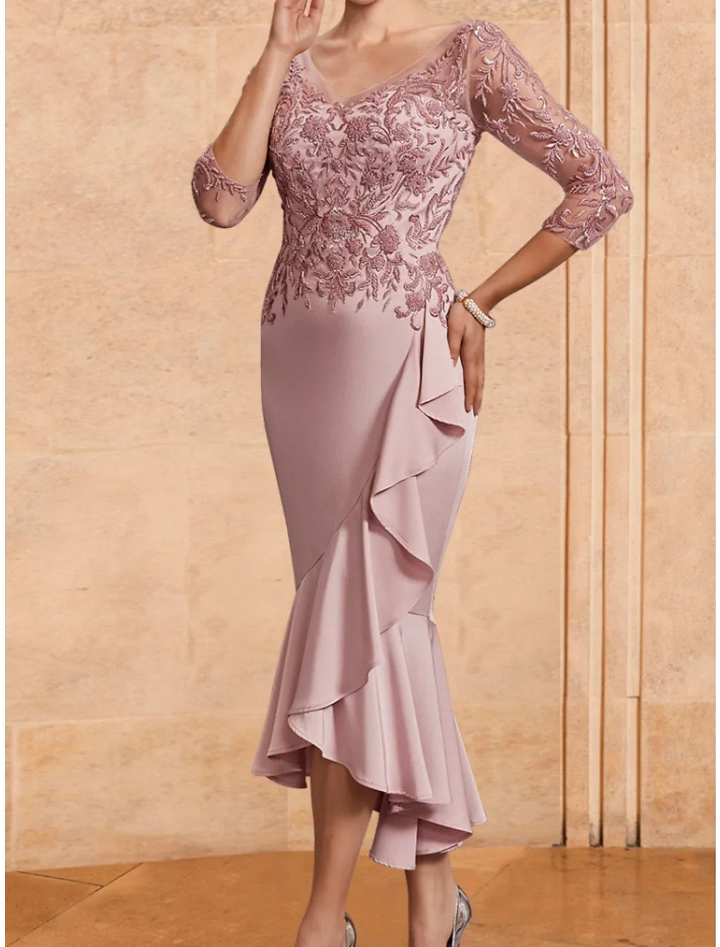 Mother of the Bride Dress Wedding Guest Elegant V Neck Ankle Length Fabric 3/4 Length Sleeve with Ruching Solid Color