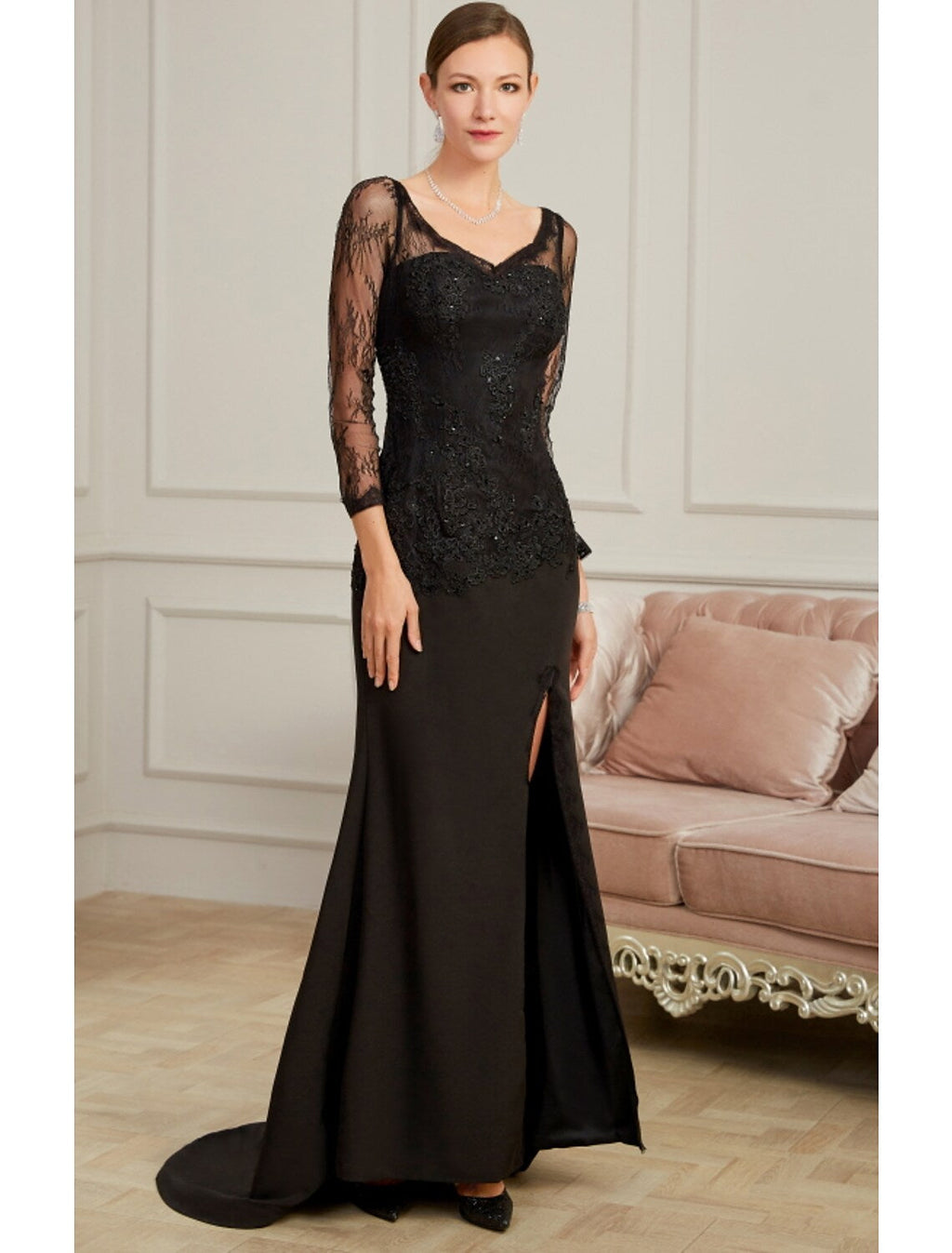 Evening Gown Sexy Dress Party Long Sleeve V Neck Beading Slit Appliques