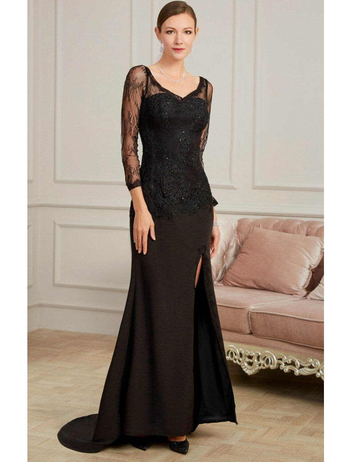 Evening Gown Sexy Dress Party Long Sleeve V Neck Beading Slit Appliques
