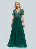 Evening Gown Elegant Dress Floor Length Short Sleeve V Neck