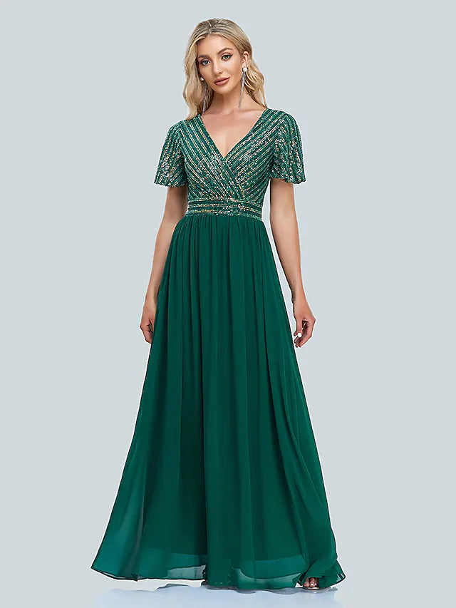 Evening Gown Elegant Dress Floor Length Short Sleeve V Neck