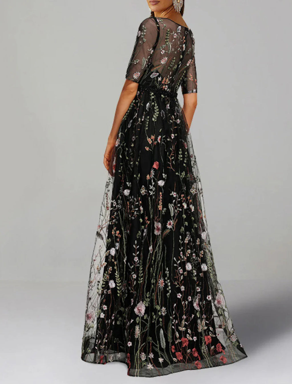Floral Dress Formal Wedding Guest Floor Length Half Sleeve Jewel Neck Charmeuse with Floral Print Embroidery
