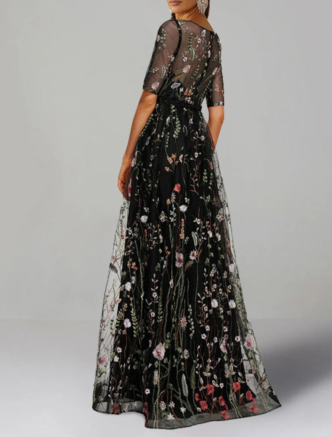 Floral Dress Formal Wedding Guest Floor Length Half Sleeve Jewel Neck Charmeuse with Floral Print Embroidery