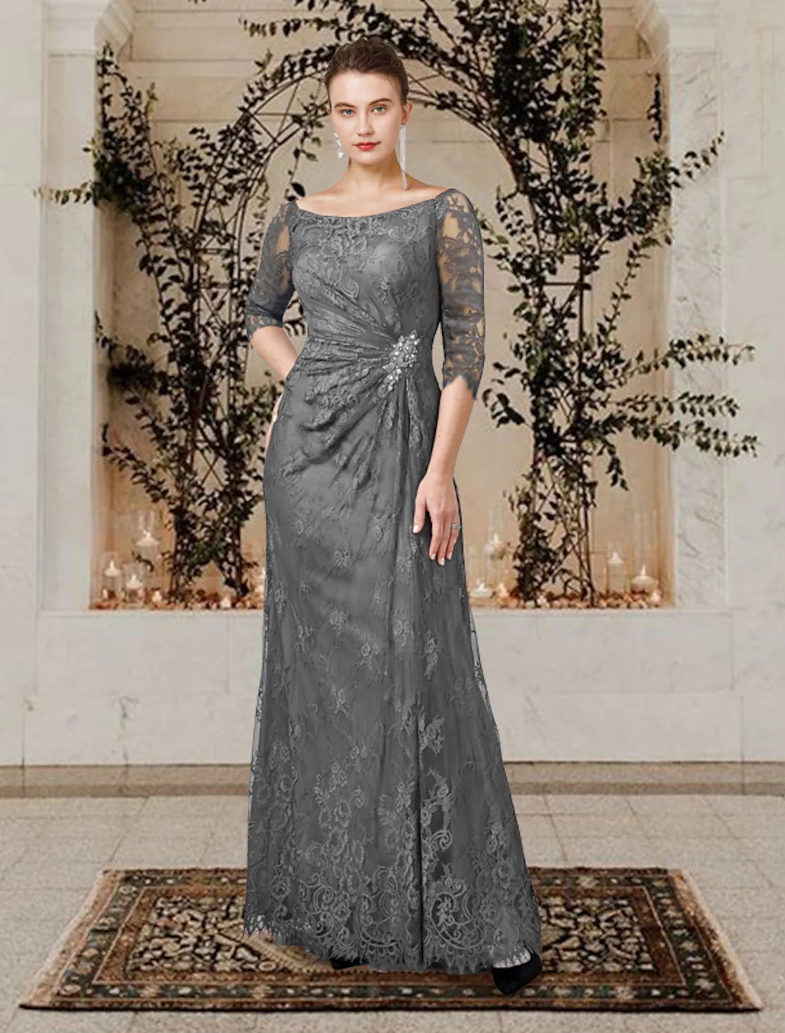 Mother of the Bride Dress Plus Size Elegant Floor Length Short Sleeve Ruffles Crystal Brooch