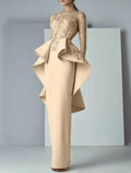Sheath / Column Mother of the Bride Dress Formal Wedding Guest Party Elegant Scoop Neck Floor Length Fabric Long Sleeve with Ruffles Appliques