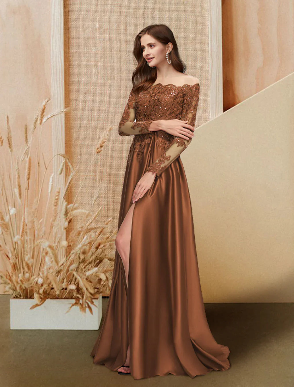 Evening Gown Glittering Dress Engagement Floor Length Long Sleeve Off Shoulder