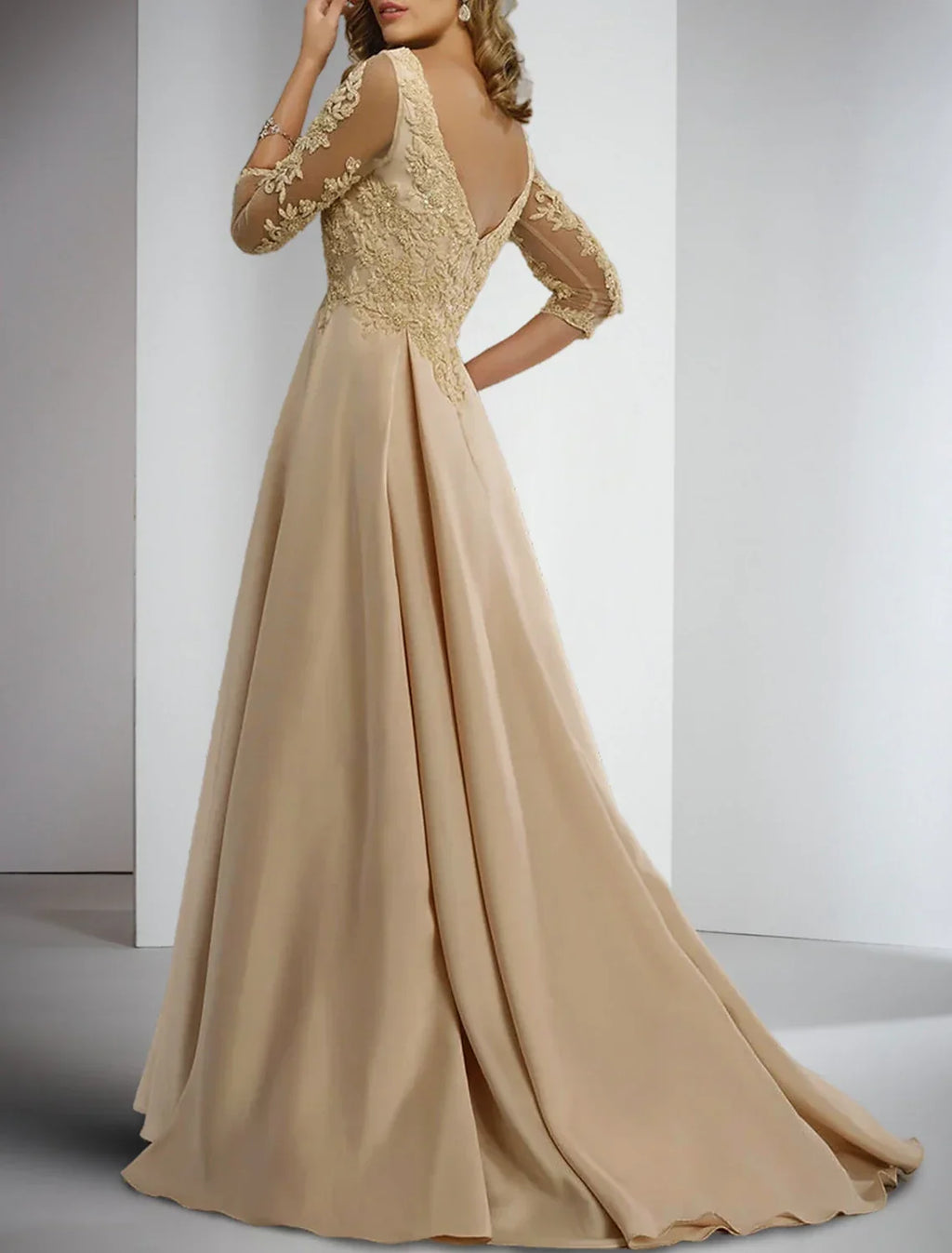 Sheath / Column Mother of the Bride Dress Formal Wedding Guest Elegant V Neck Floor Length 3/4 Length Sleeve with Appliques