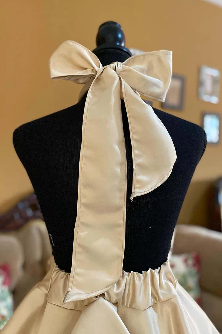 Satin A-line Mini Halter Bow Back Homecoming Dress