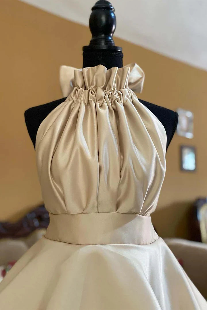 Satin A-line Mini Halter Bow Back Homecoming Dress